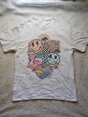 Kids White Graphic Tee with Colorful Retro Summer Print